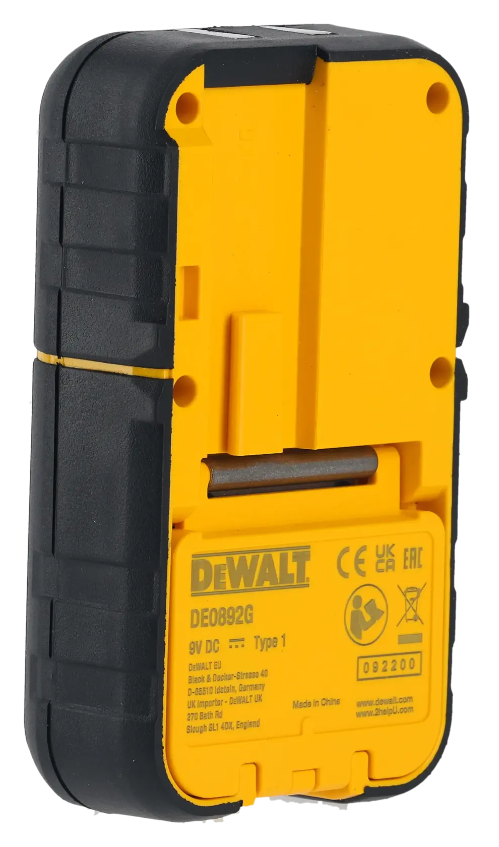 Vista trasera del detector láser DEWALT DE0892G, con carcasa amarilla y negra.