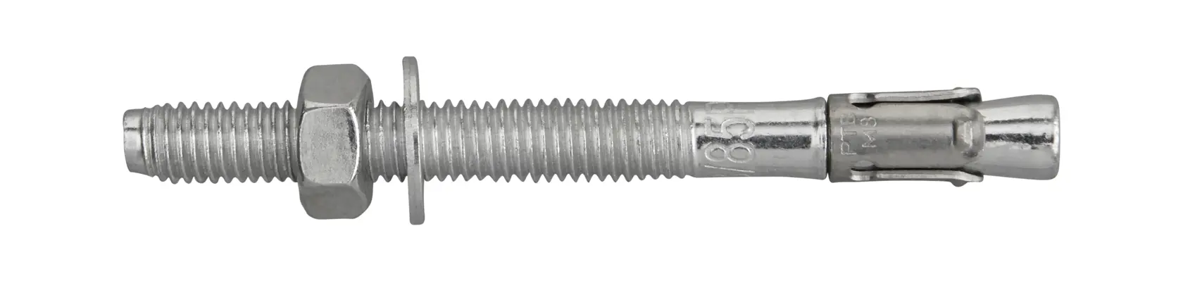 A close-up image of a metal anchor bolt with a hex nut and washer, designed for secure fastening in construction.