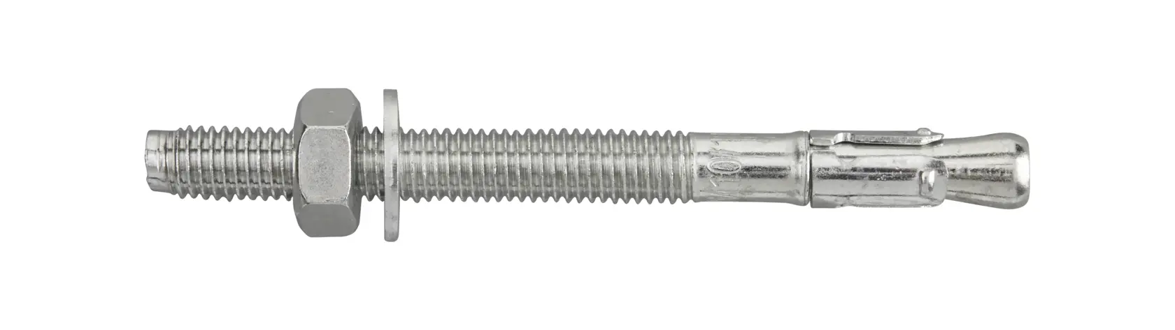 Single metal anchor bolt with nut and washer, shown on a white background.