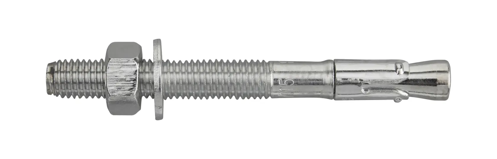 Metal anchor bolt with nut and washer, suitable for securing objects to solid surfaces.