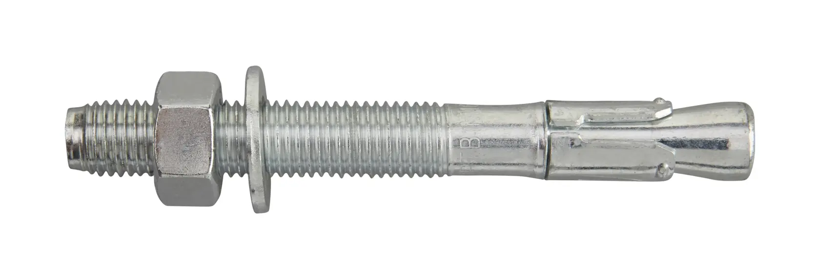 A DEWALT metal anchor bolt with nut and washer, used for securing fixtures to concrete surfaces.