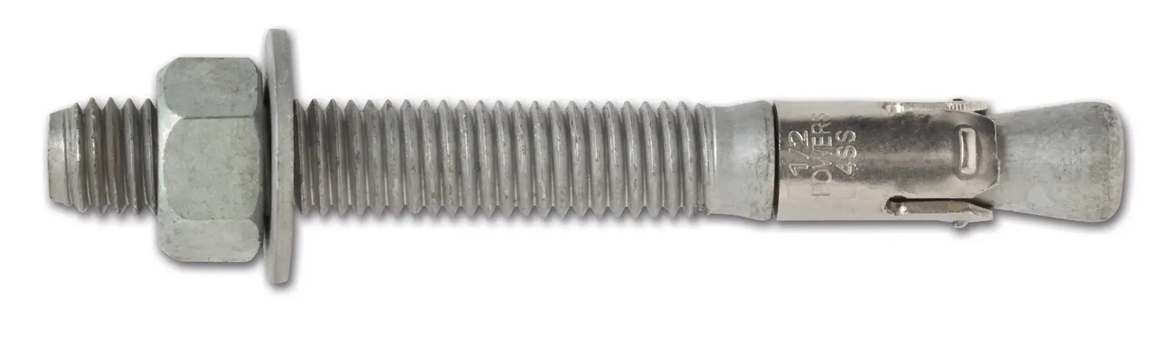 A single metal expansion anchor bolt with hex nut and washer, used for securing objects to concrete or masonry surfaces.