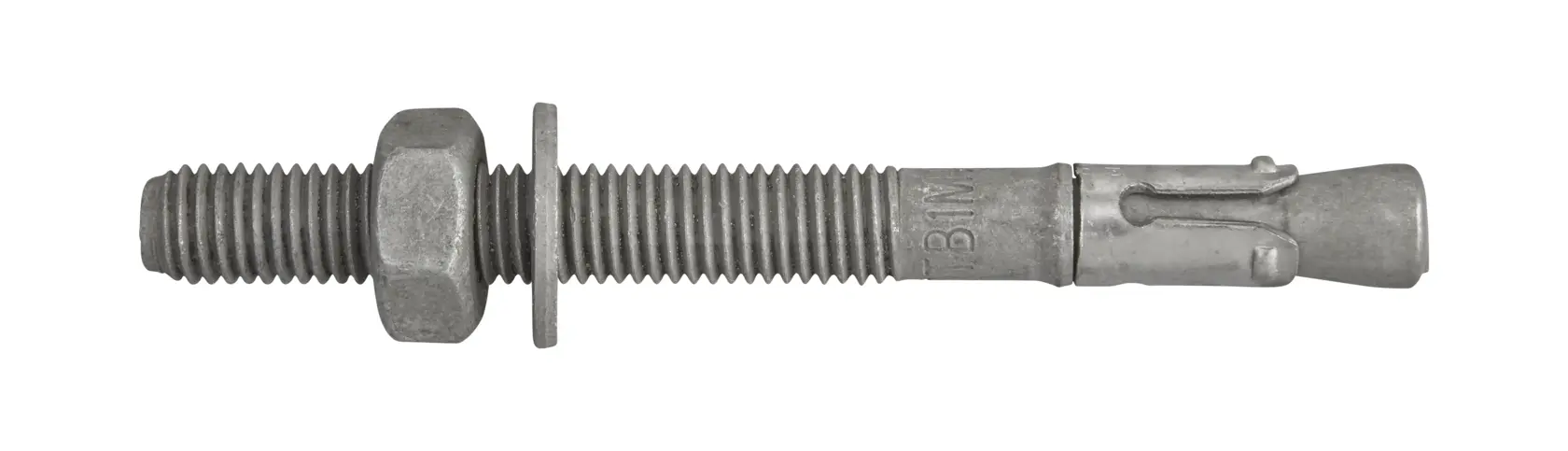 A metal anchor bolt with a hex nut and washer, used for securing objects to concrete or masonry surfaces.