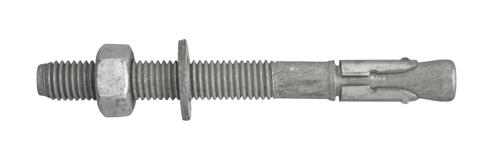 Metal anchor bolt with nut and washer, used for securing materials in construction projects.