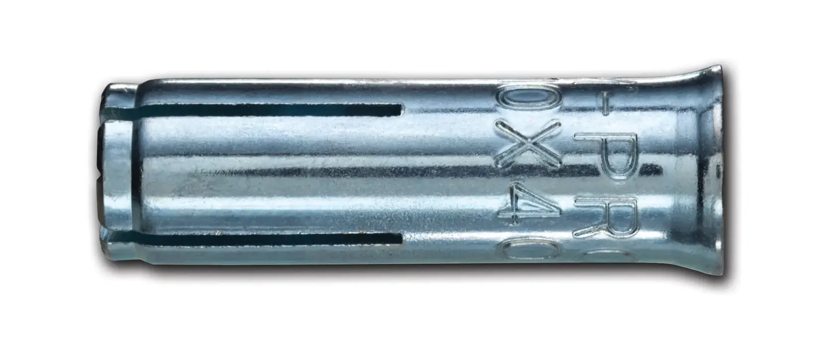 Close-up of a metal expansion anchor for concrete or masonry, cylindrical shape with grooves and engraved text.