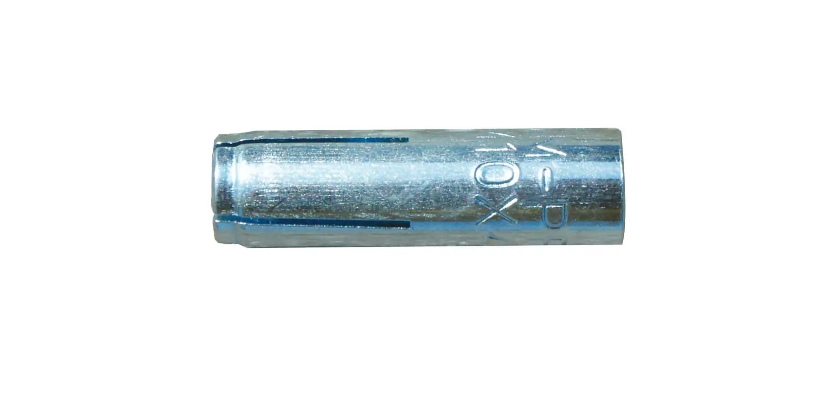 Metal drop-in anchor for concrete, cylindrical with slotted sides, used in construction and mounting applications.