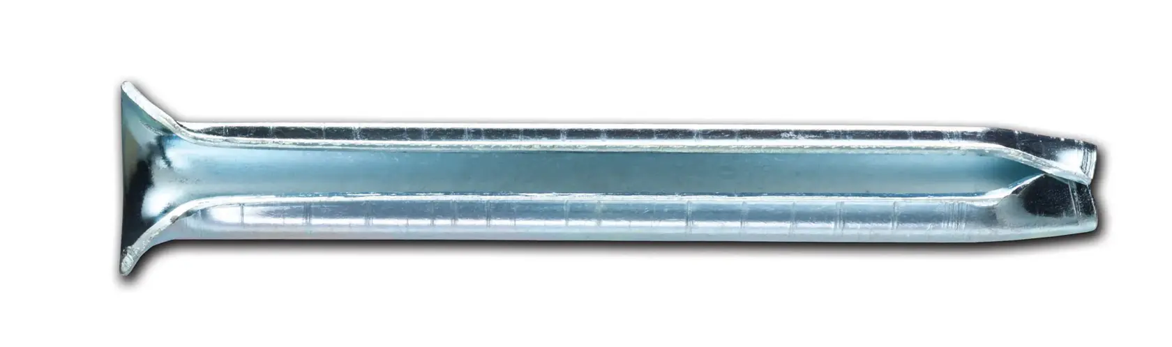 A close-up image of a metal fastener with a flat, flared head and a split pointed end, shown against a white background.