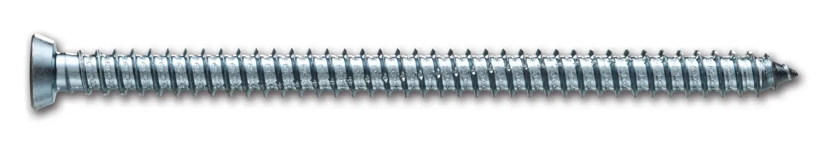 A close-up of a single metal screw with a flat head and threaded body on a white background.