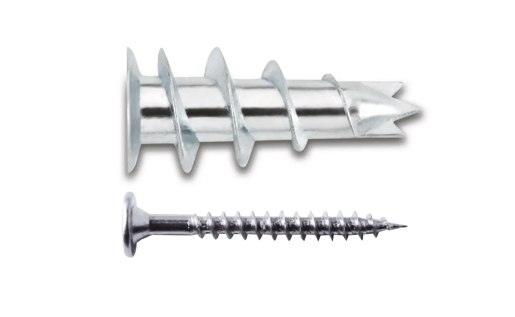 Close-up image showing a metal wall anchor and a metal screw placed side by side on a white background.