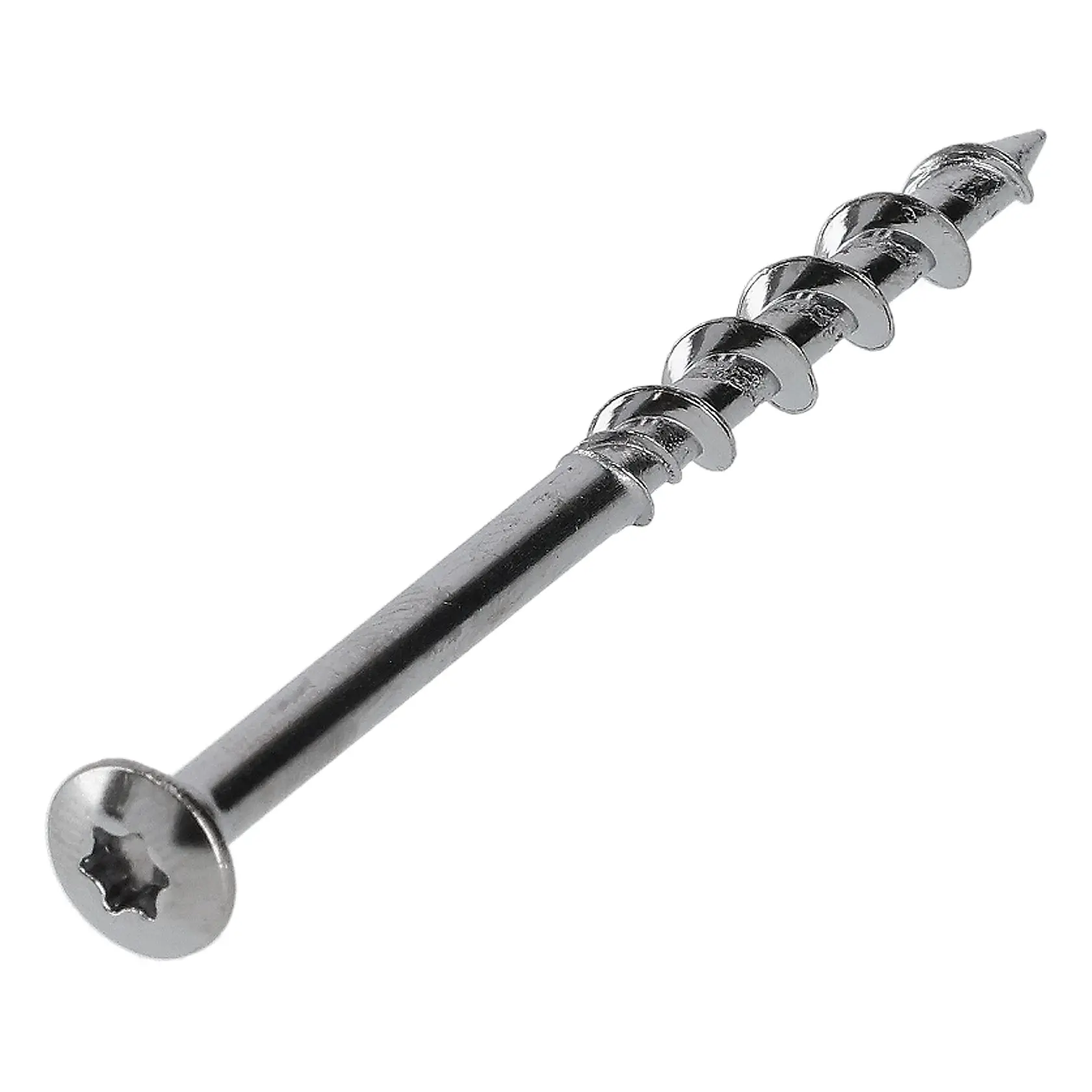 Close-up of a single metal screw with a star-shaped drive and helical thread, shown on a white background.