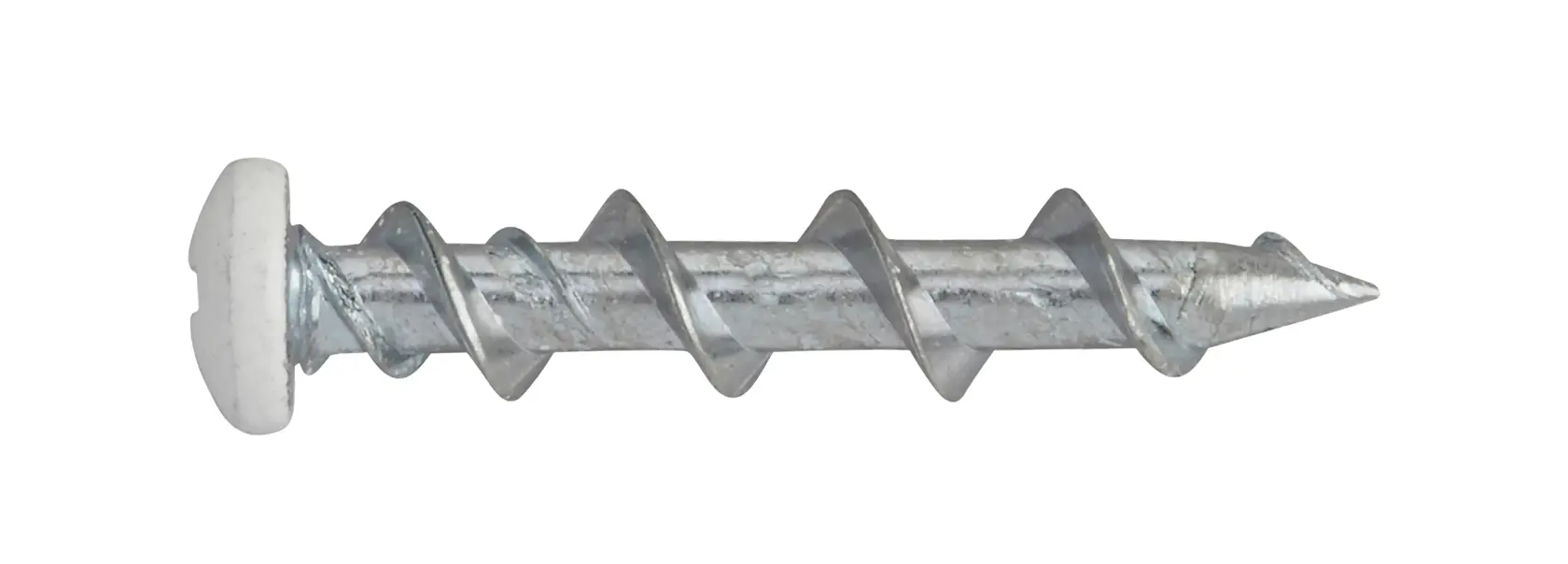Single metal wall anchor screw with spiral threads and flat head, isolated on white background.