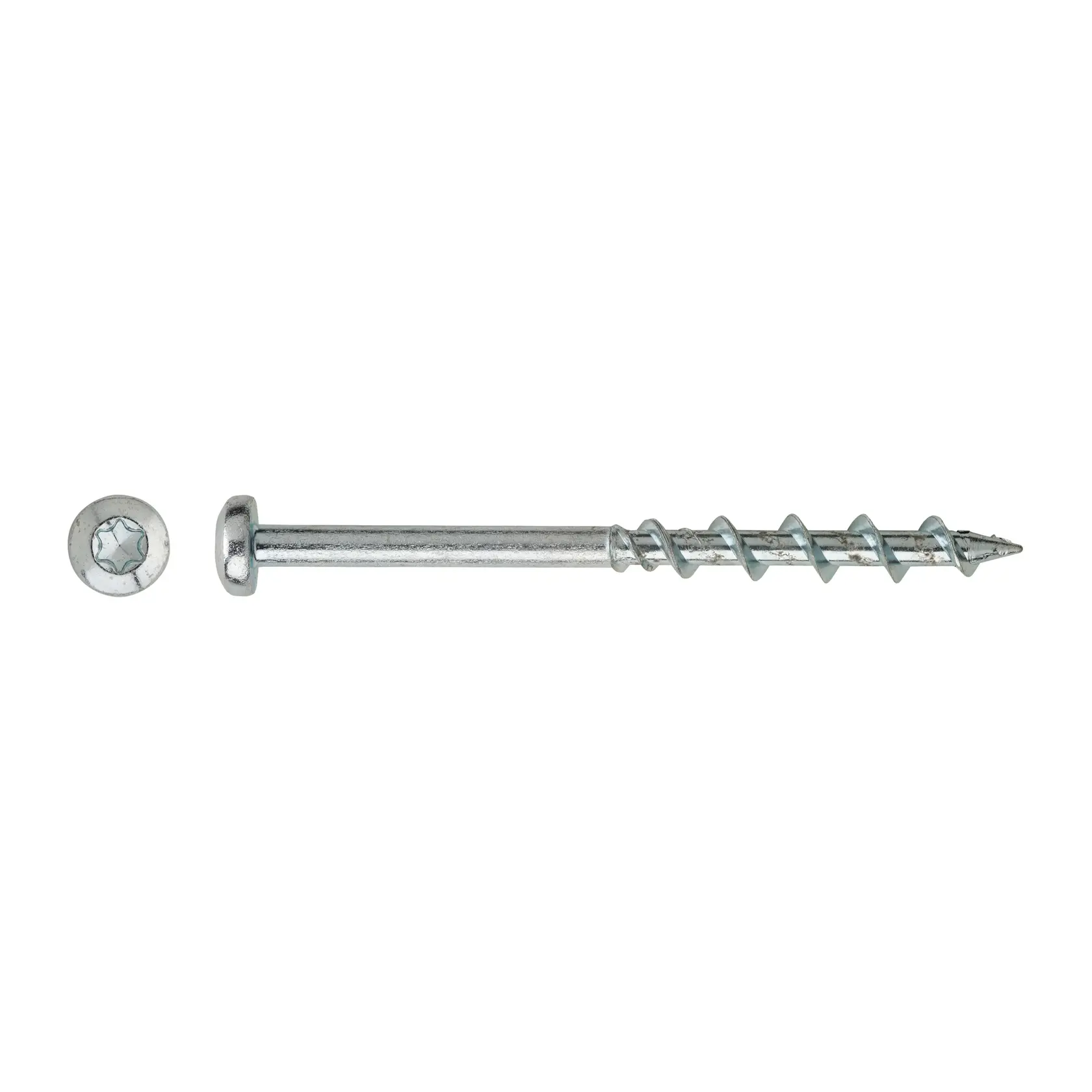 Metal screw and matching washer shown on a white background, highlighting the threaded design and head.