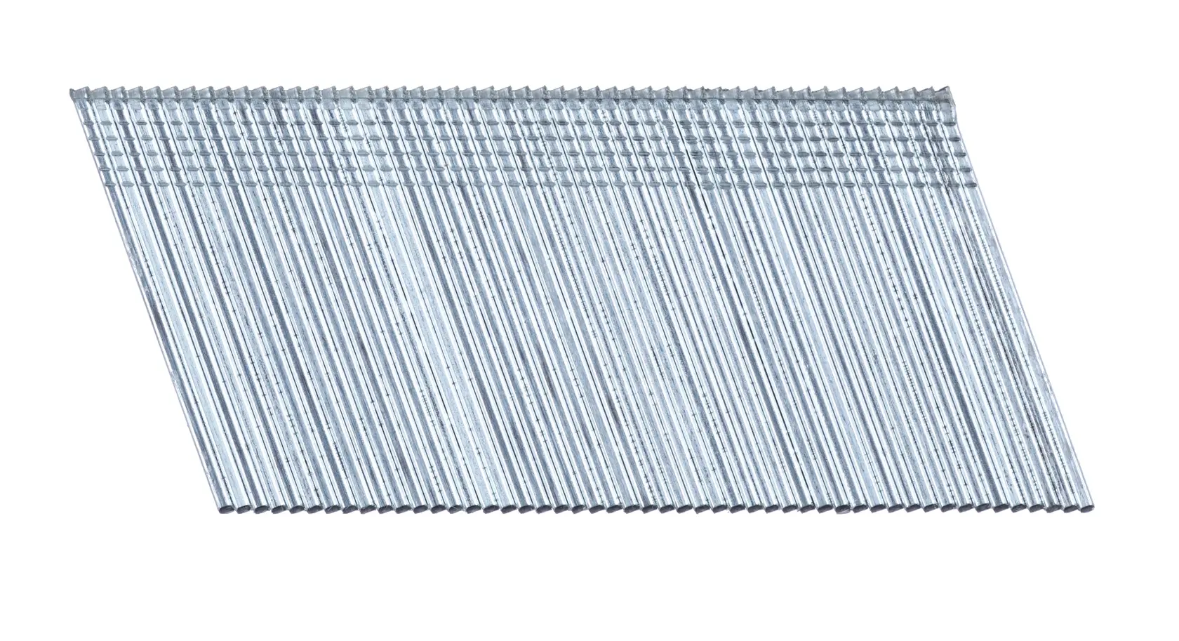 Angled strip of metallic nails for nail gun, arranged in a single row, shown on a white background.