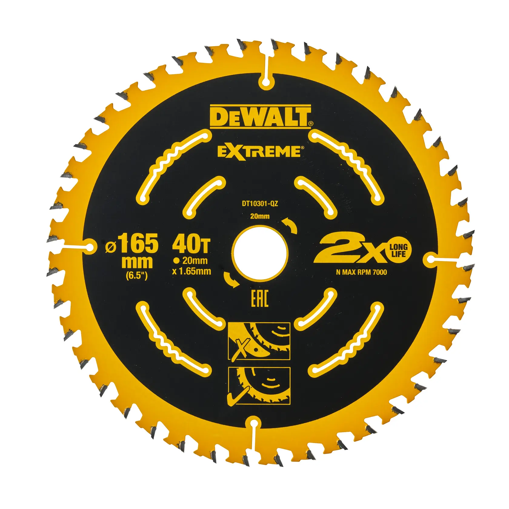 DEWALT Extreme circular saw blade, model DT10301, 165mm diameter with 40 teeth. The blade is black with yellow accents and markings, suitable for woodworking, featuring specifications printed on its surface.