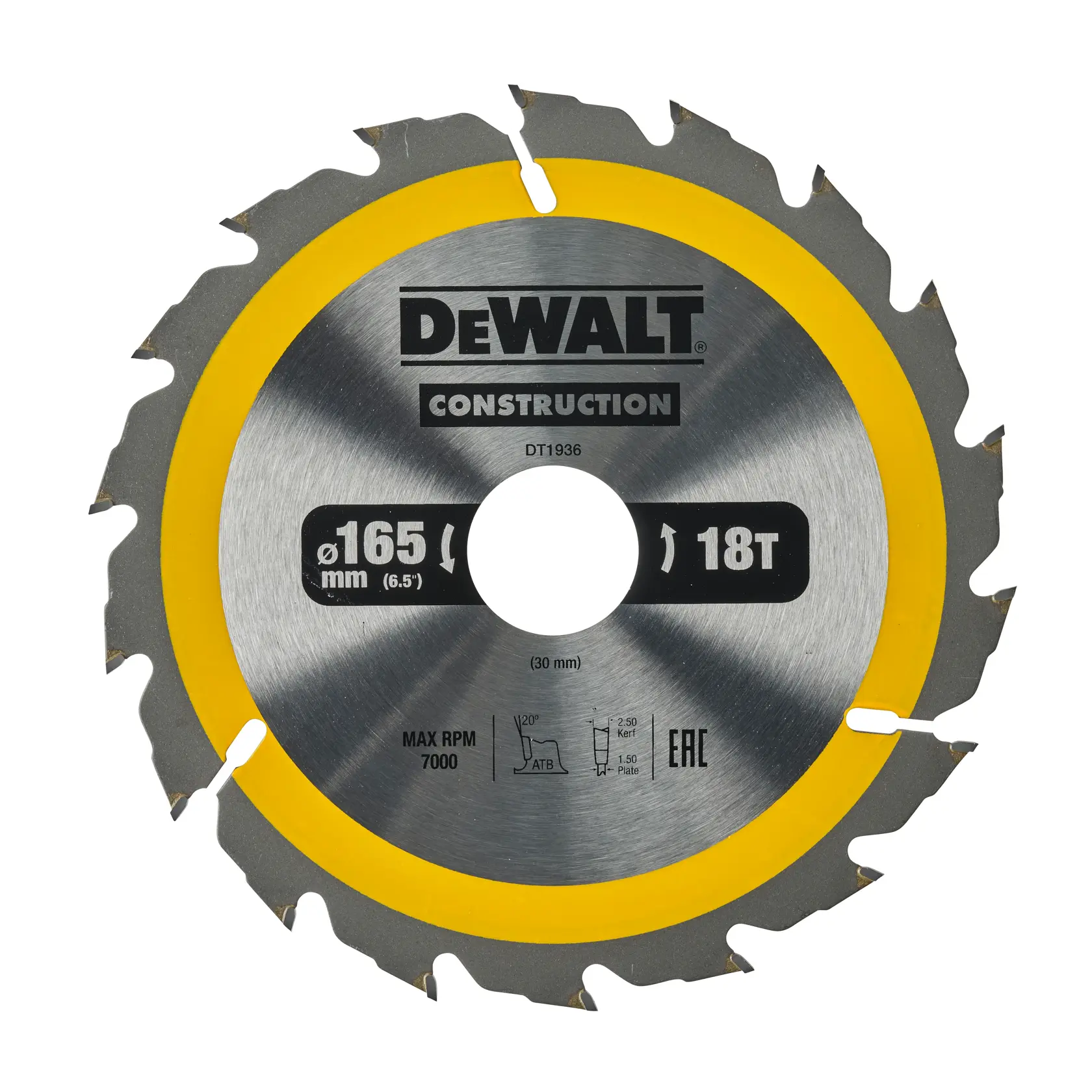 Hoja de sierra circular DEWALT DT1936, 165 mm, 18 dientes, plateada y amarilla, para construcción.
