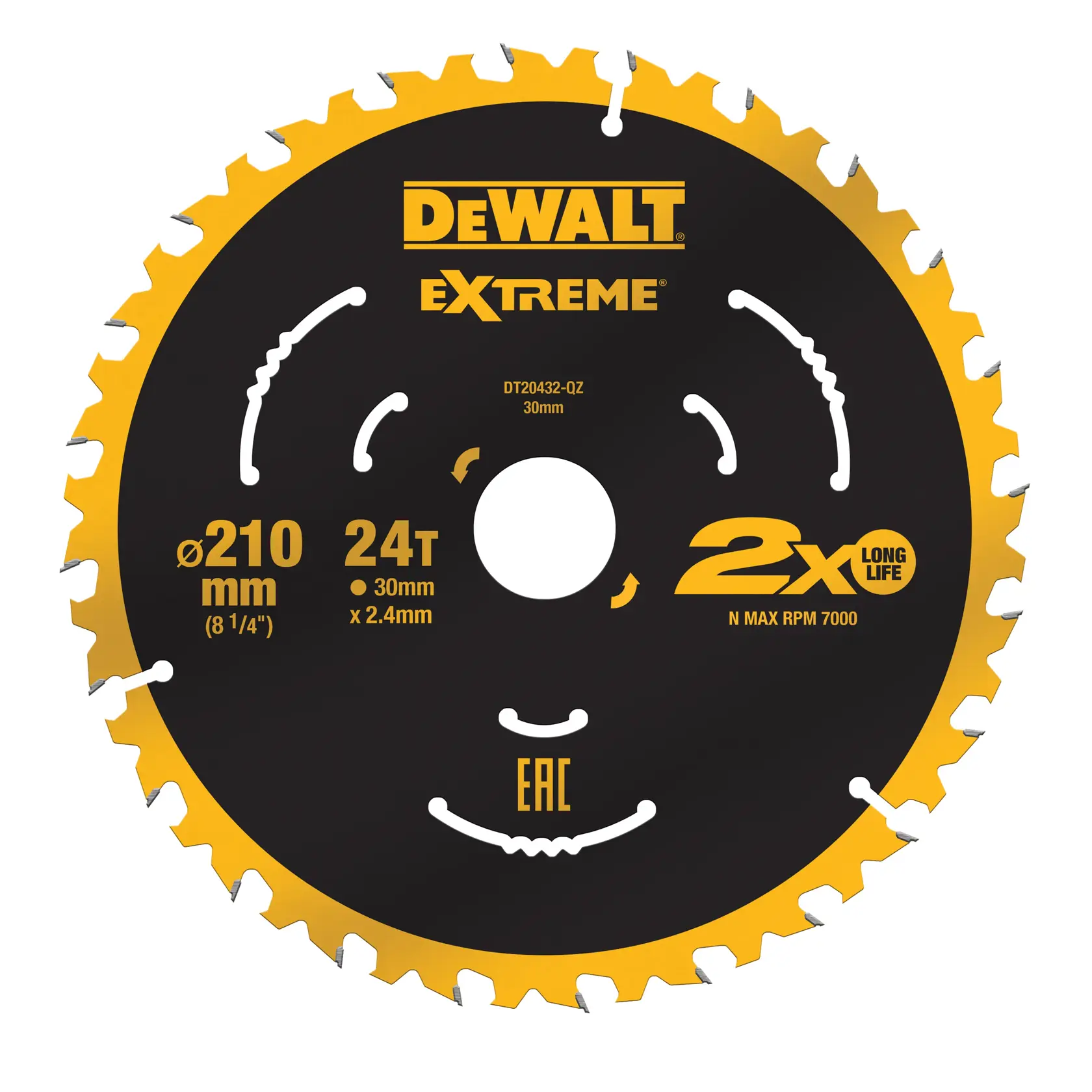 DEWALT Extreme circular saw blade DT20432, 210mm diameter, 24 teeth, black and yellow, for cutting tasks.