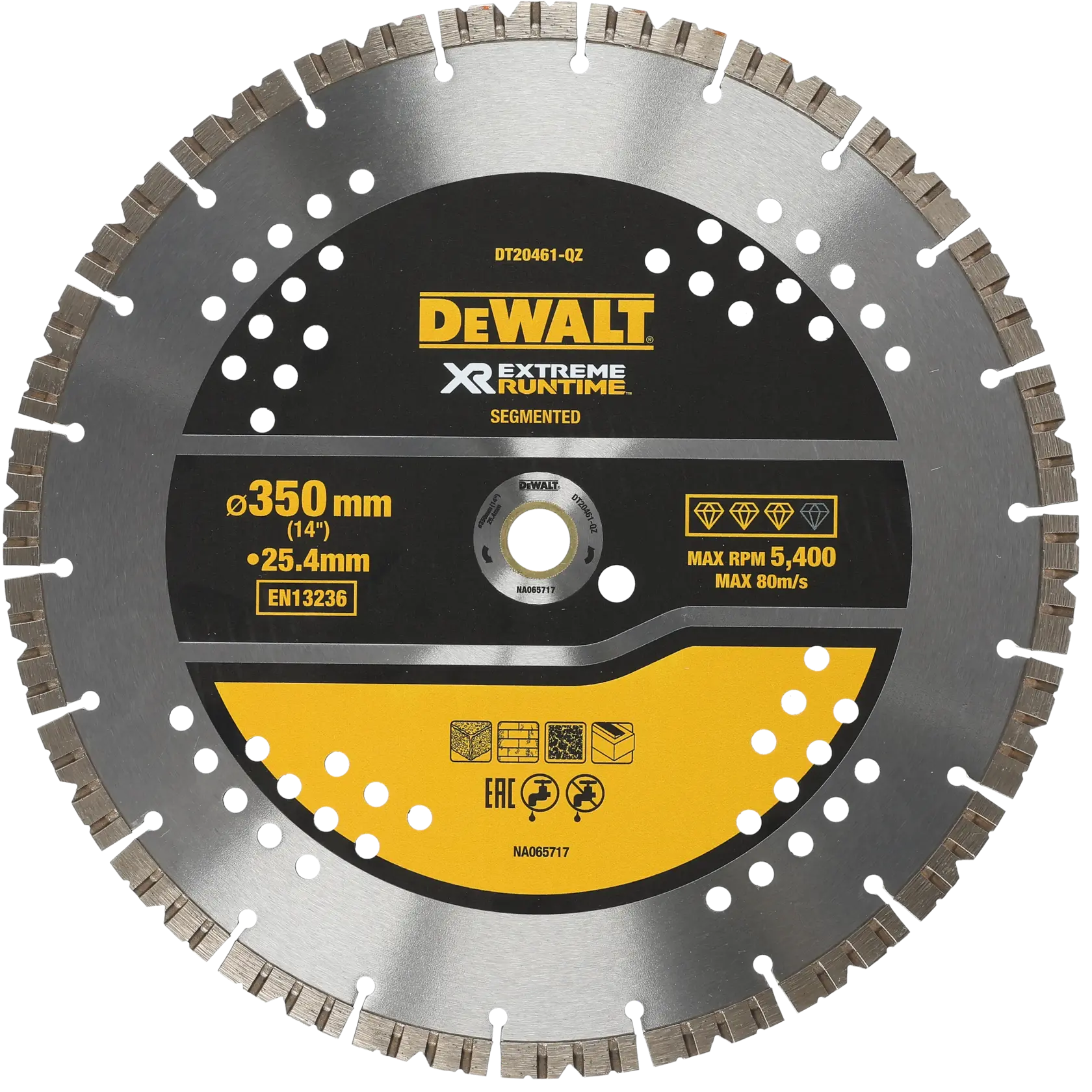 DEWALT DT20461 segmented diamond saw blade, 350mm diameter for cutting, with yellow and black label.