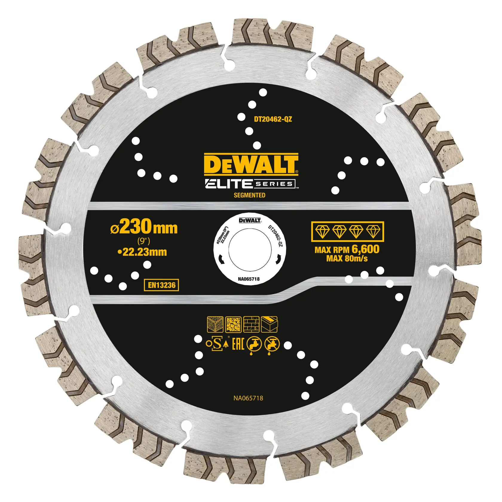 DEWALT Elite Series Segment-Diamantsägeblatt, 230mm Durchmesser, Modell DT20462-QZ.