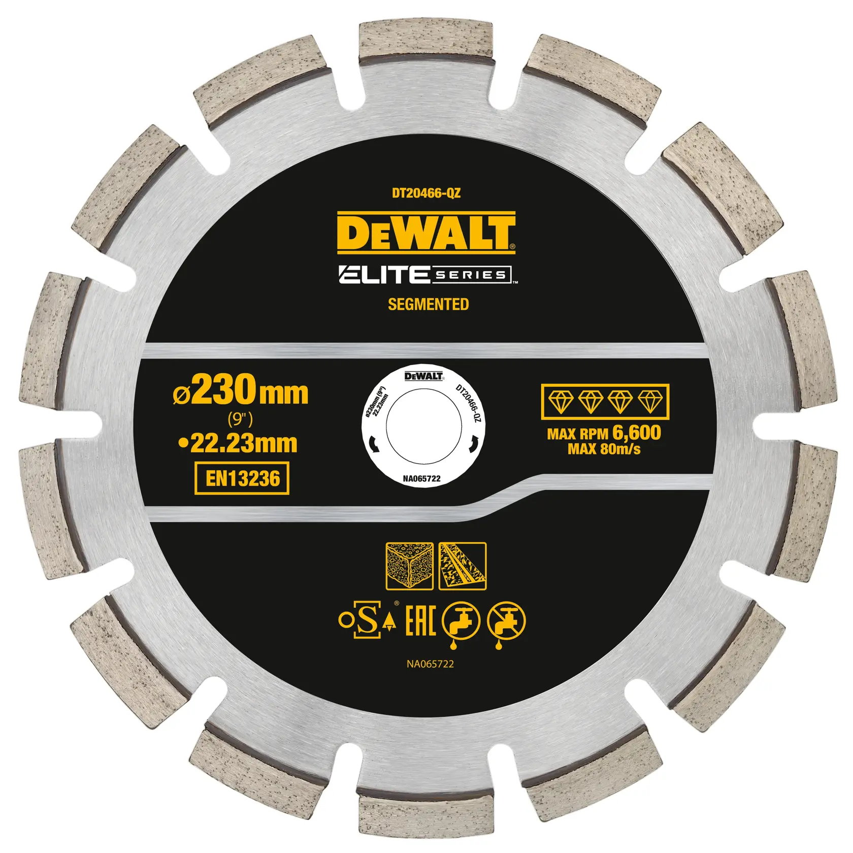 DEWALT segmented diamond saw blade, 230 mm diameter, for cutting materials, Elite Series DT20466.