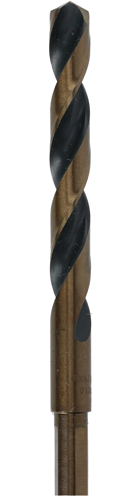 A DEWALT metal drill bit with spiral flutes against a white background.