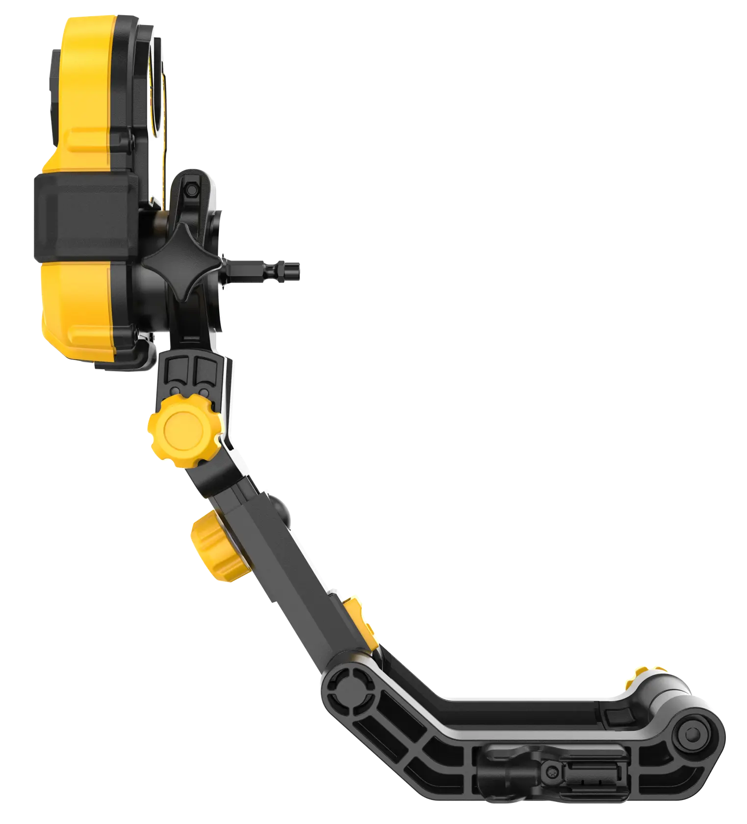 Side view of a DEWALT DT20562 adjustable camera mounting arm with yellow and black color.