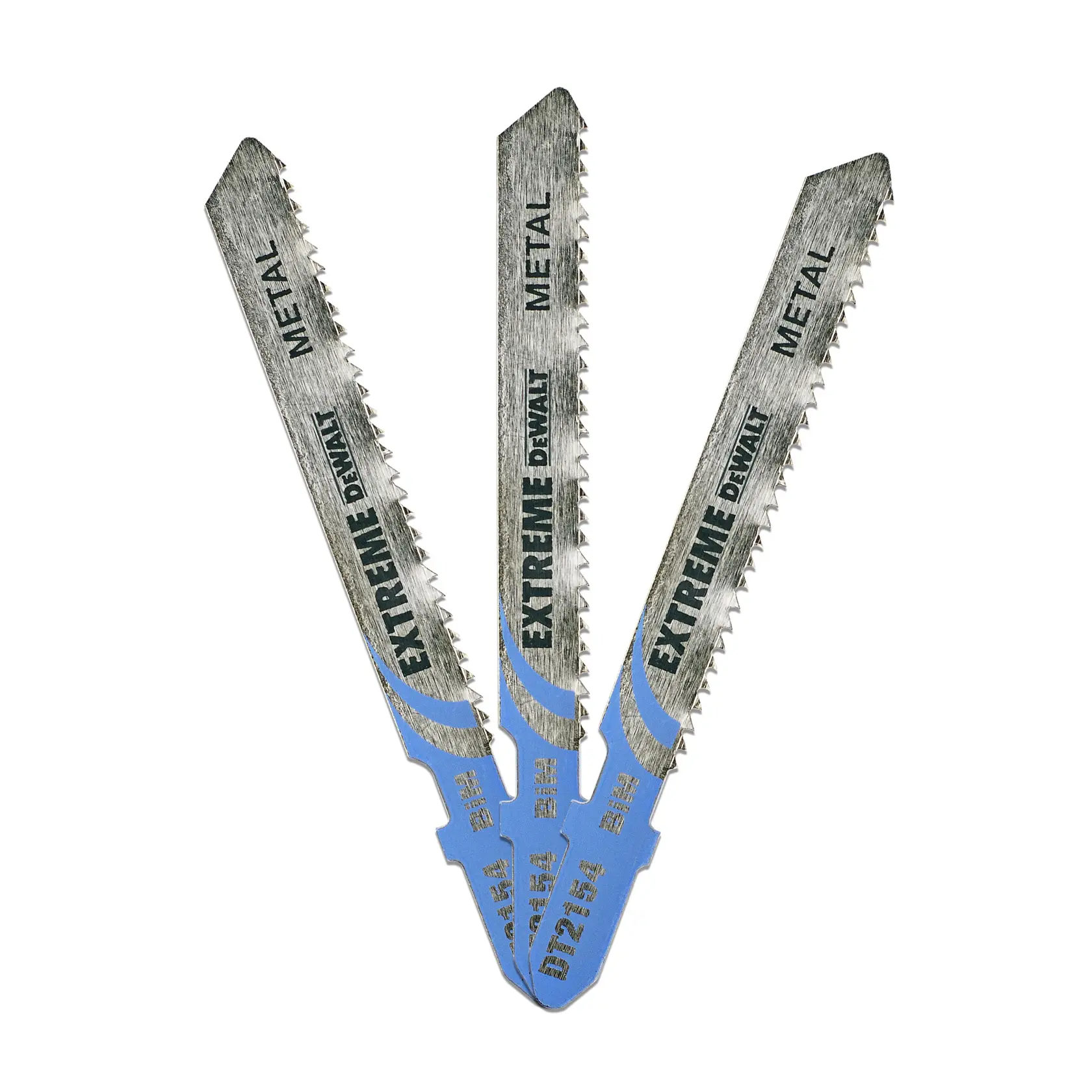 Three DEWALT DT2154 Extreme metal jigsaw blades, arranged in a fan shape, shown on a white background.