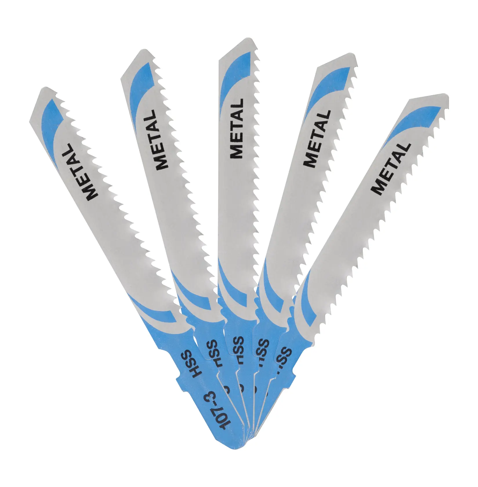 Cinco hojas de calar DEWALT DT2161 para metal, en forma de abanico, azul y plateado.