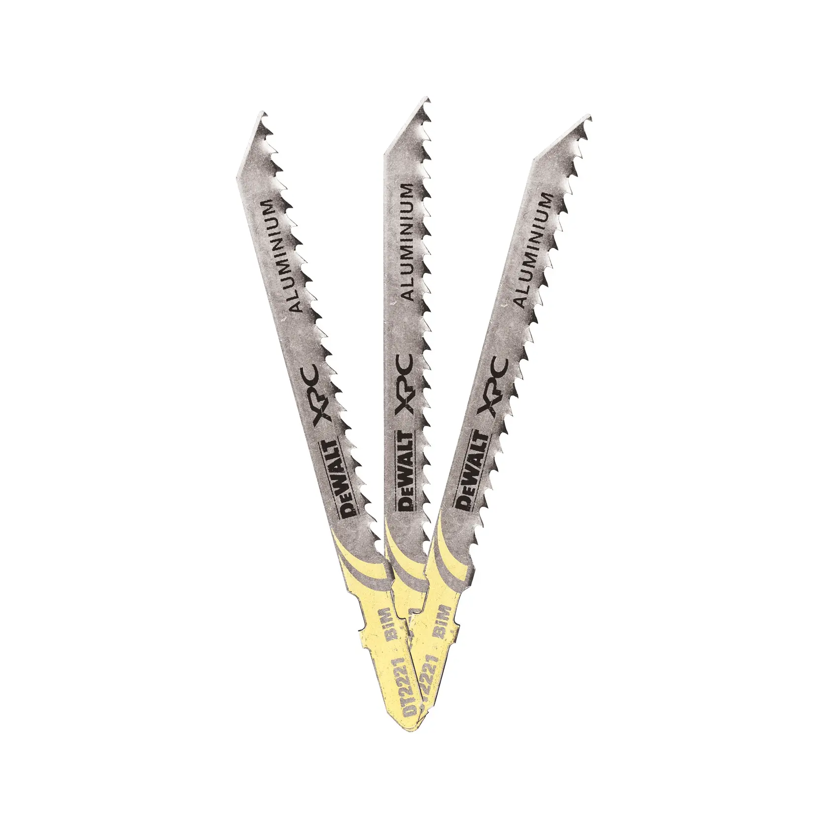 Tres hojas de caladora DEWALT para aluminio, modelo DT2221, dispuestas en abanico sobre fondo blanco.