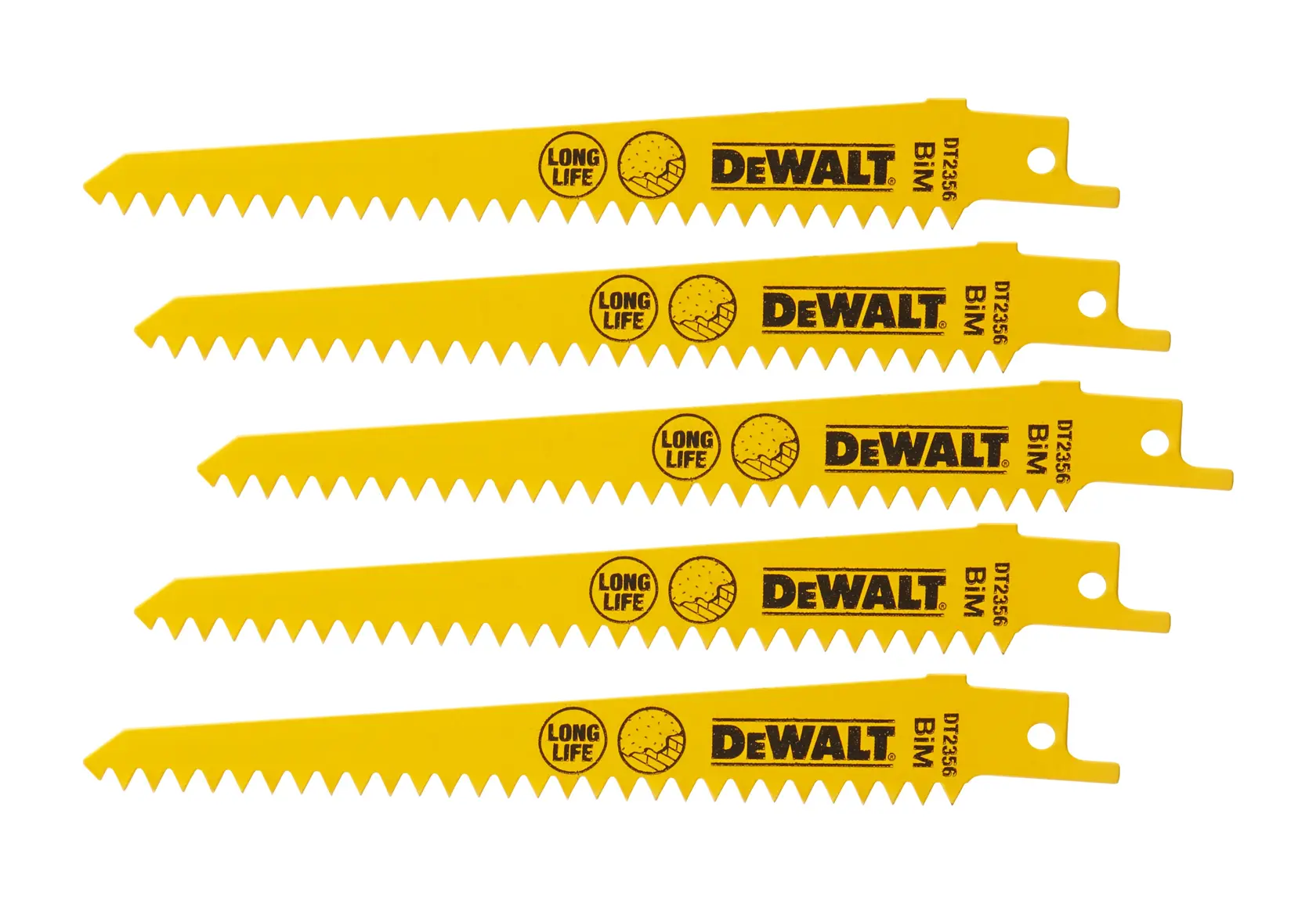 Four yellow DEWALT DT2356 reciprocating saw blades labeled 'LONG LIFE' and 'BIM', arranged in a row.