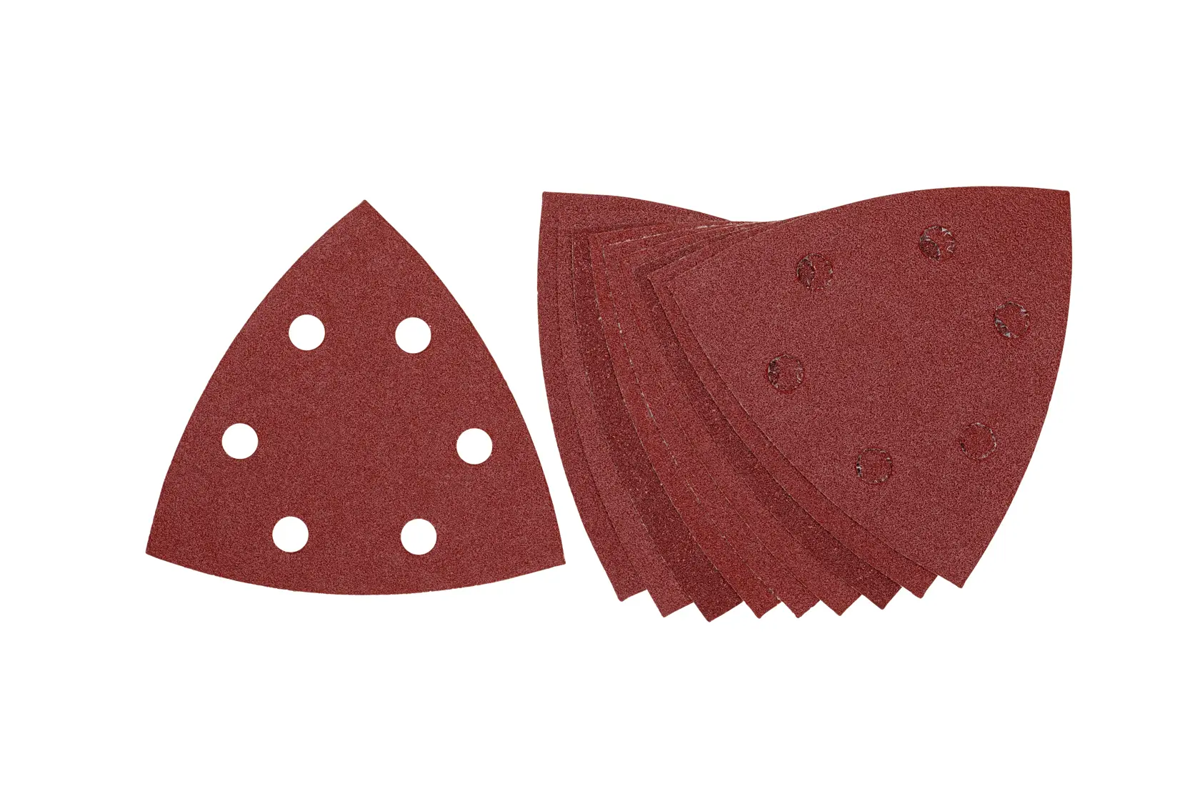 Juego de hojas de lija triangulares rojas con agujeros, aptas para lijadoras de detalle.
