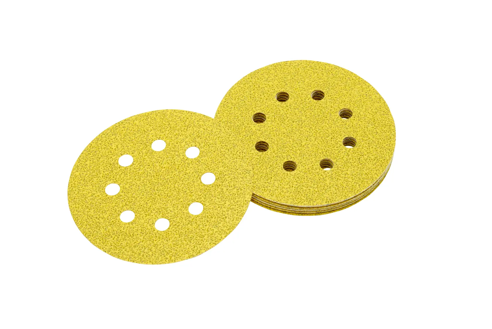 A stack of round yellow sanding discs with eight holes in each disc, used for orbital sanders.