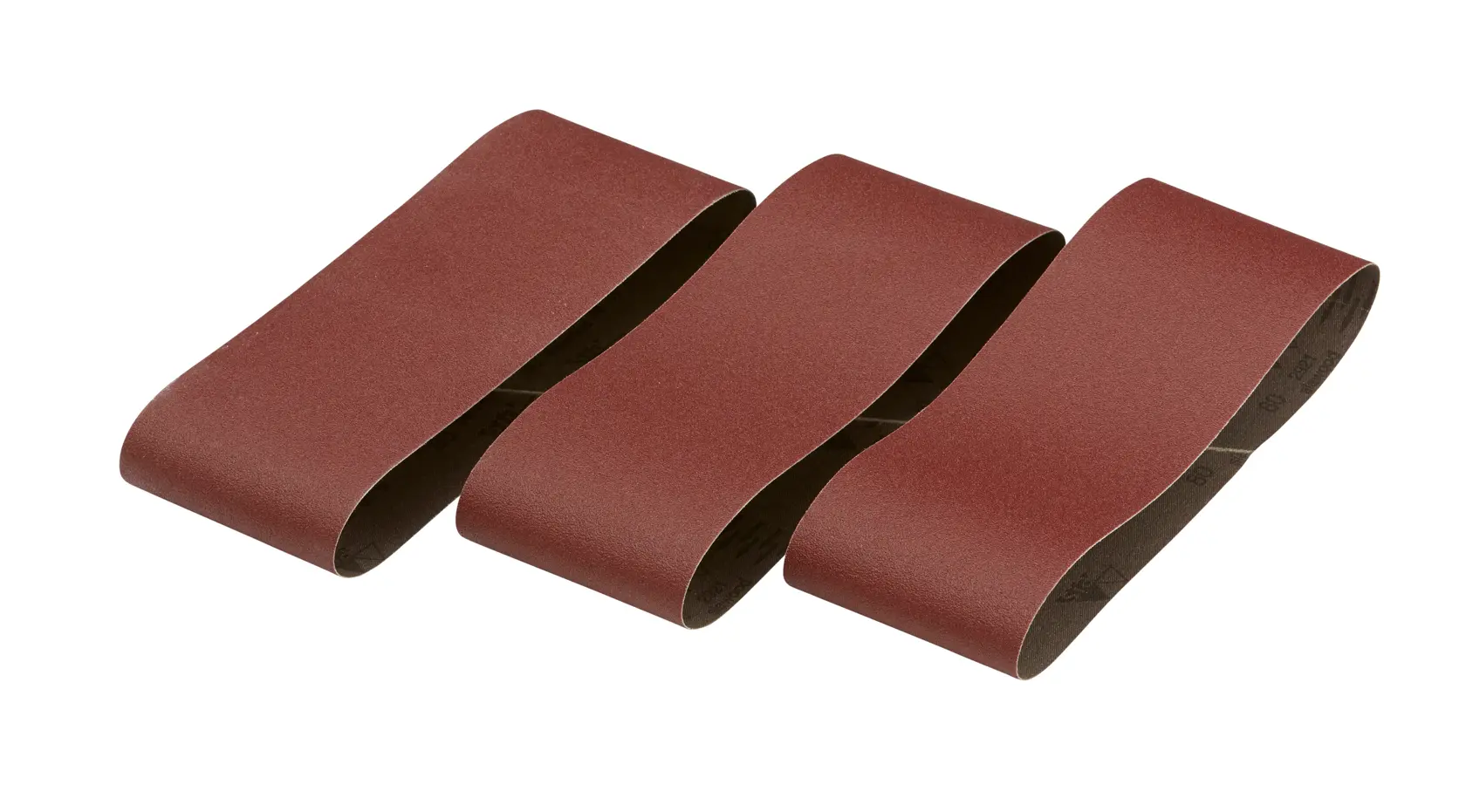 Three brown DEWALT sanding belts laid out side by side on a white surface.