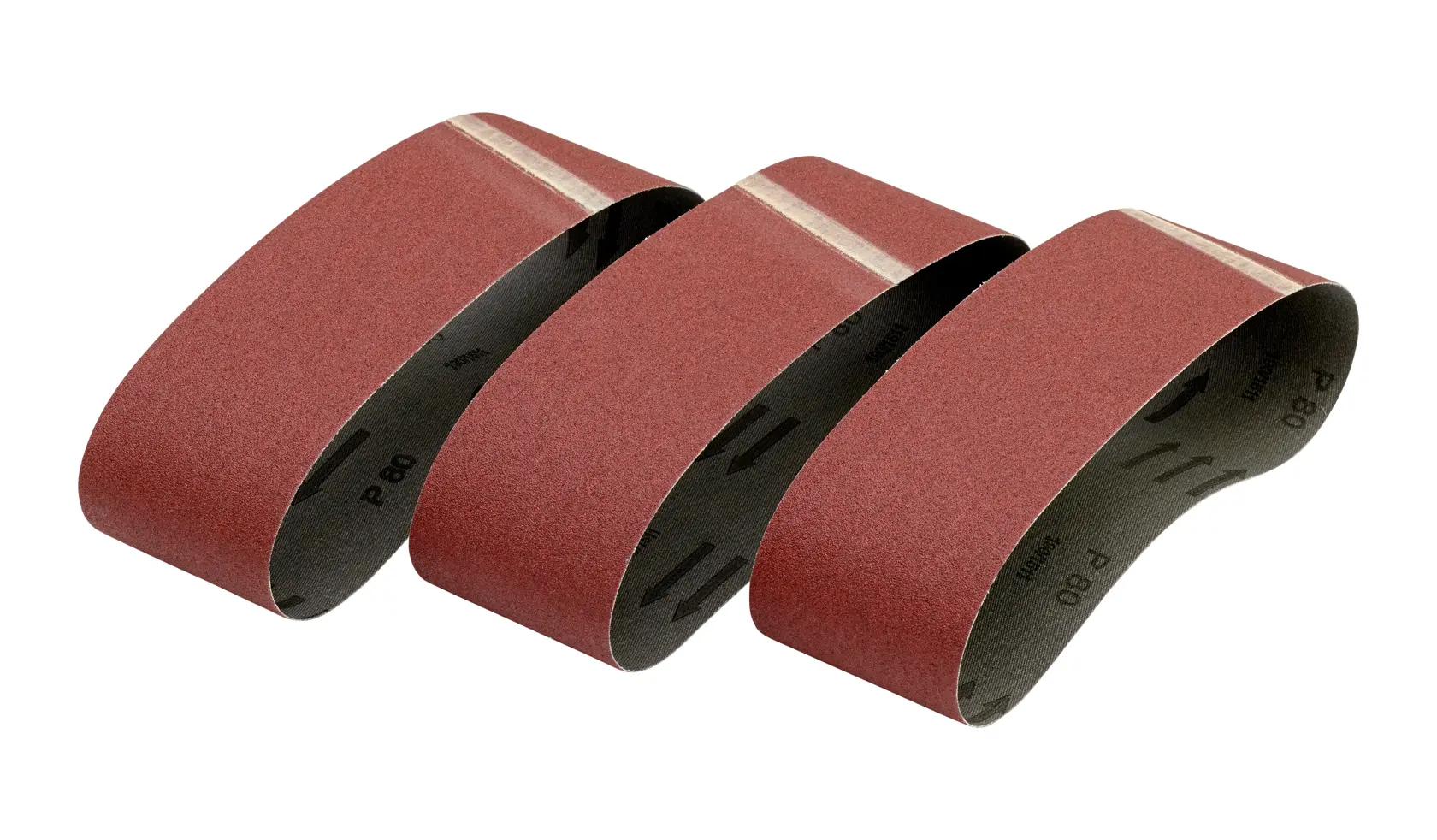 Three red DEWALT sanding belts in a row, used for smoothing surfaces with belt sanders.