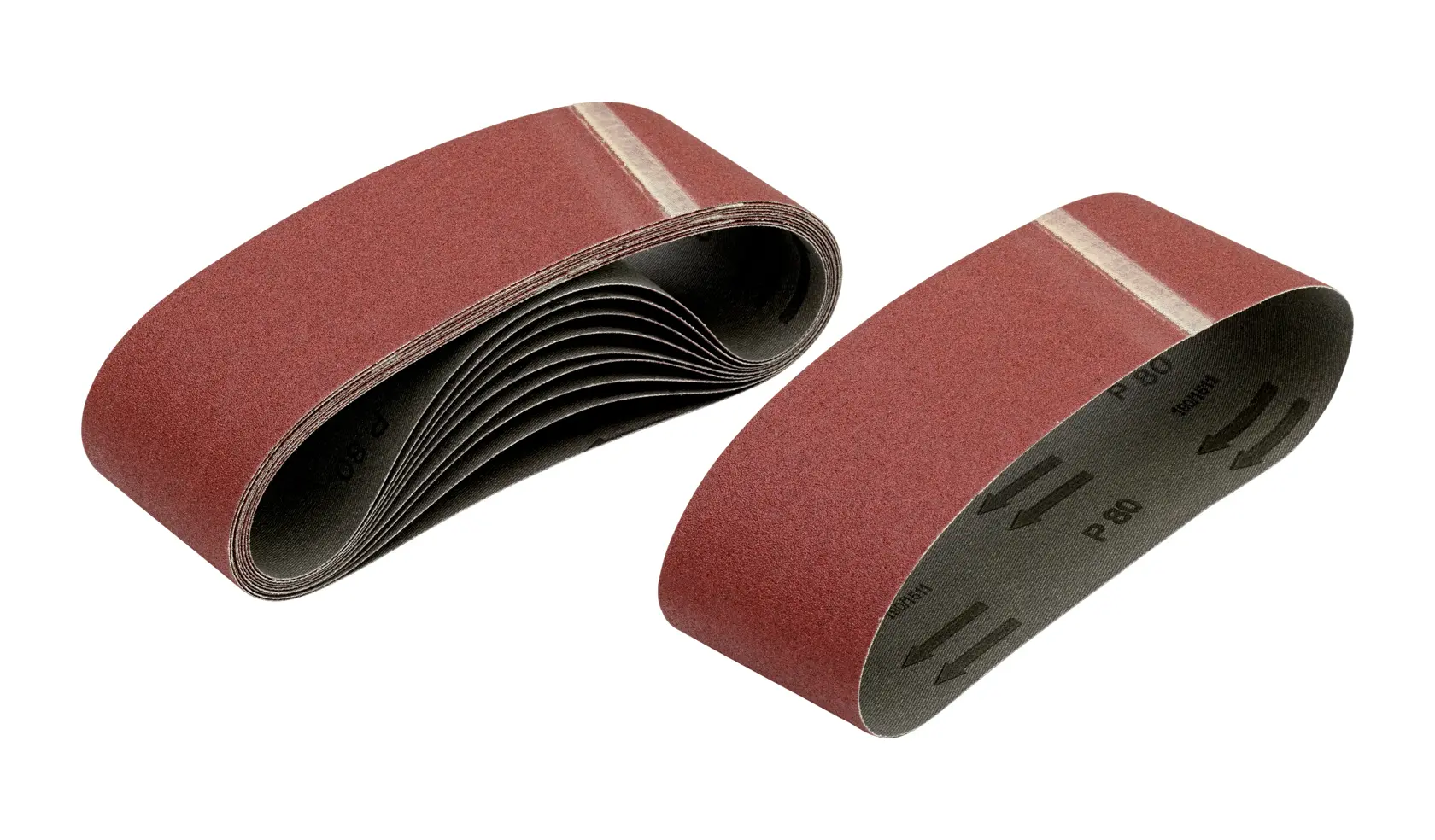 Two DEWALT abrasive sanding belts, brown color, shown on a white background.