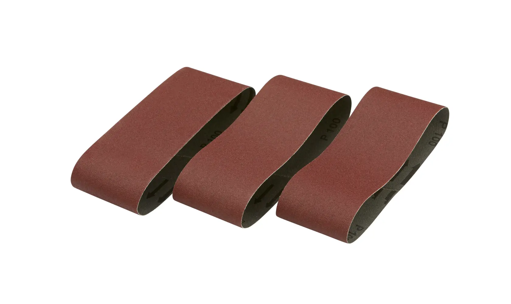 Three brown DEWALT sanding belts are arranged side by side, used for smoothing surfaces in woodworking.