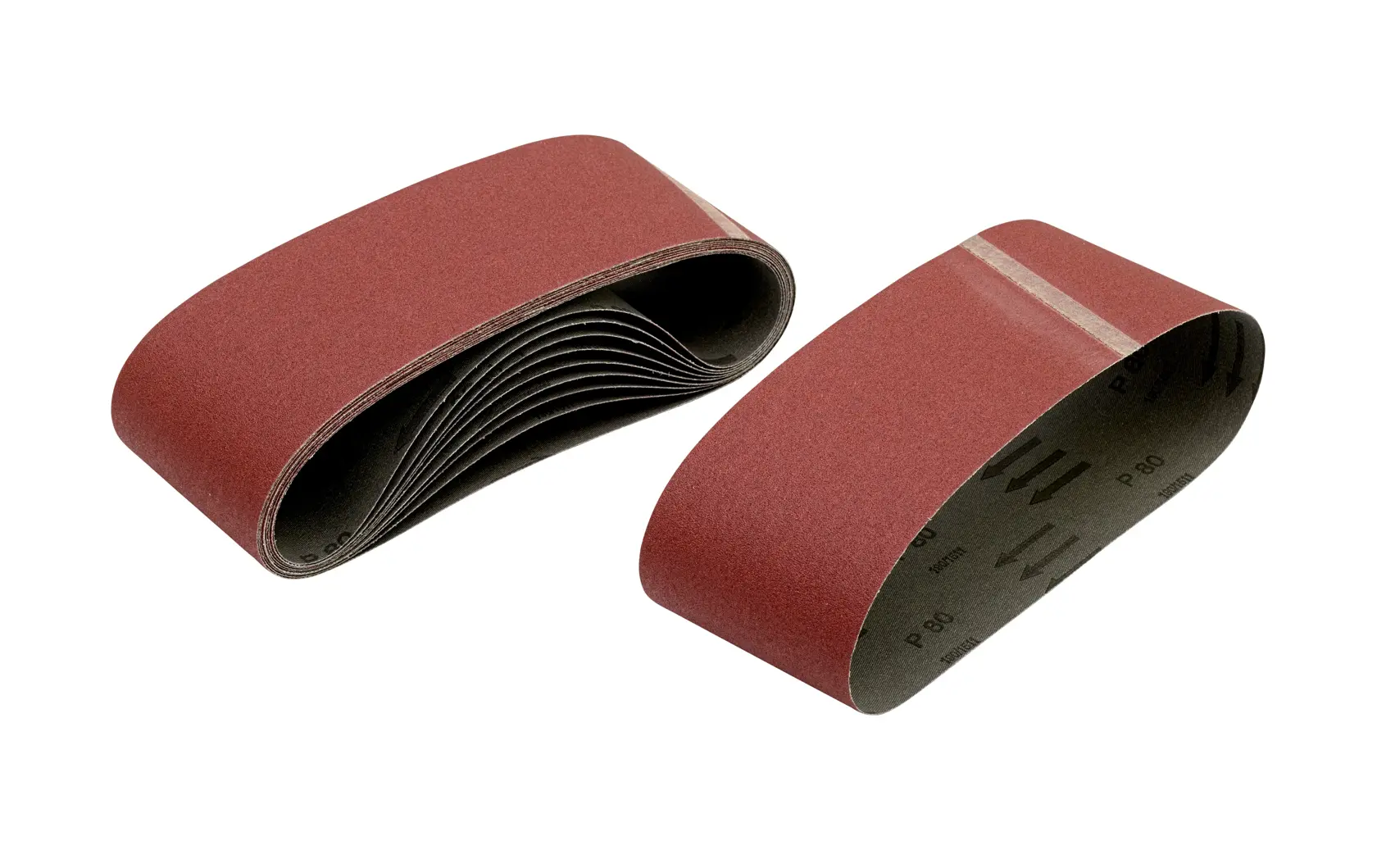 Two DEWALT abrasive sanding belts, brown, for power tools, shown on a white background.