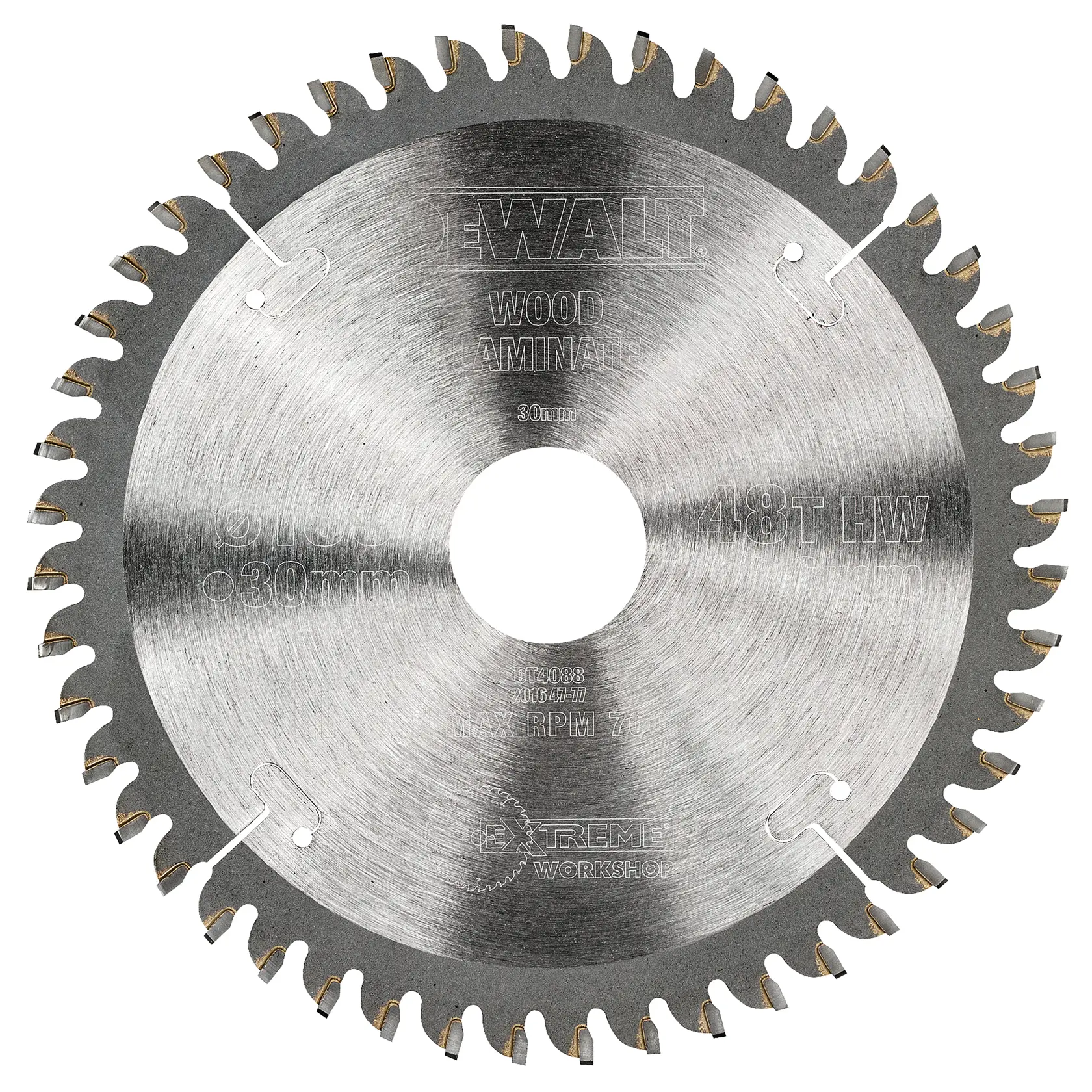 DEWALT DT4088 Kreissägeblatt für Holz mit 48 Zähnen und silberner Oberfläche mit Mittenloch.