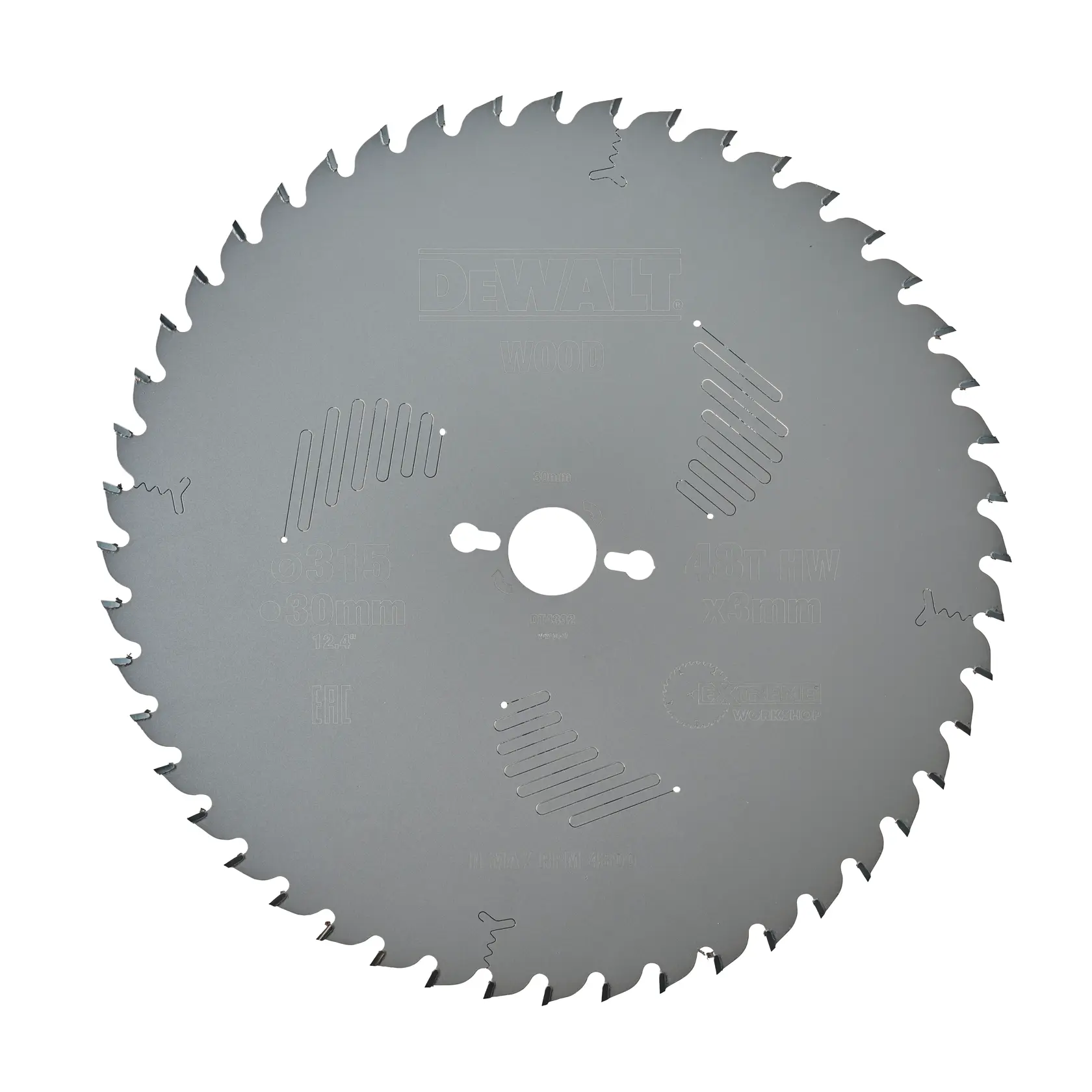 DEWALT DT4332 circular saw blade for wood, made of metal, featuring sharp teeth around the edge and three expansion slots for stability.