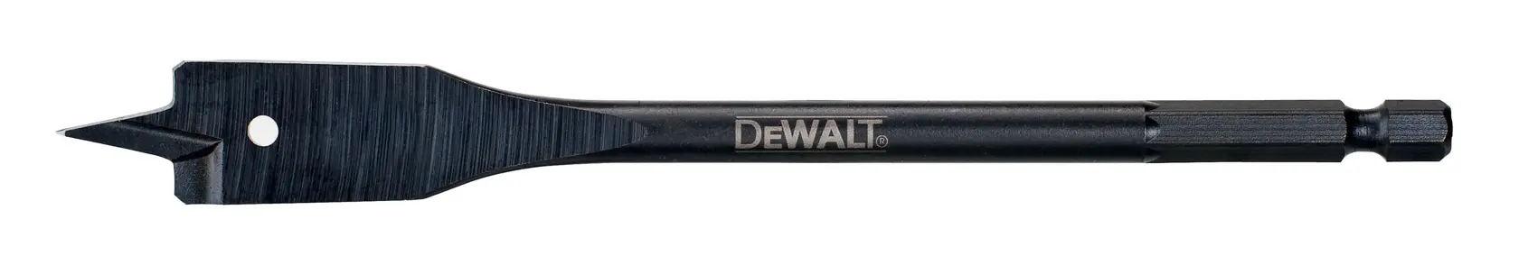A DEWALT flat wood spade drill bit with a hex shank, designed for drilling holes in wood. The bit is black and has the DEWALT logo on the shaft.