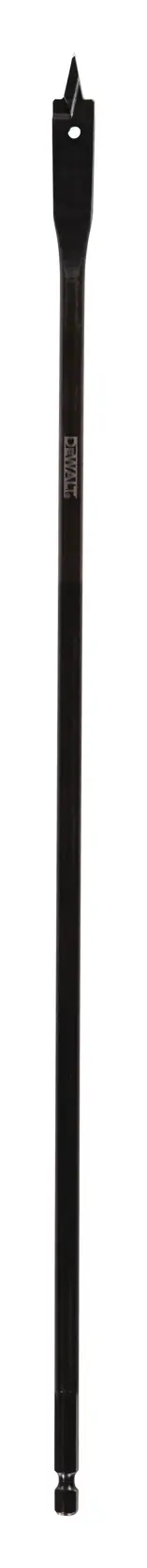 A long, black DEWALT flat wood spade drill bit with a sharp pointed tip, designed for drilling large holes in wood. The bit is photographed against a white background.