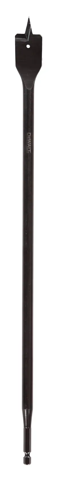 Flat spade drill bit with a sharp tip for woodworking, shown upright on a white background.