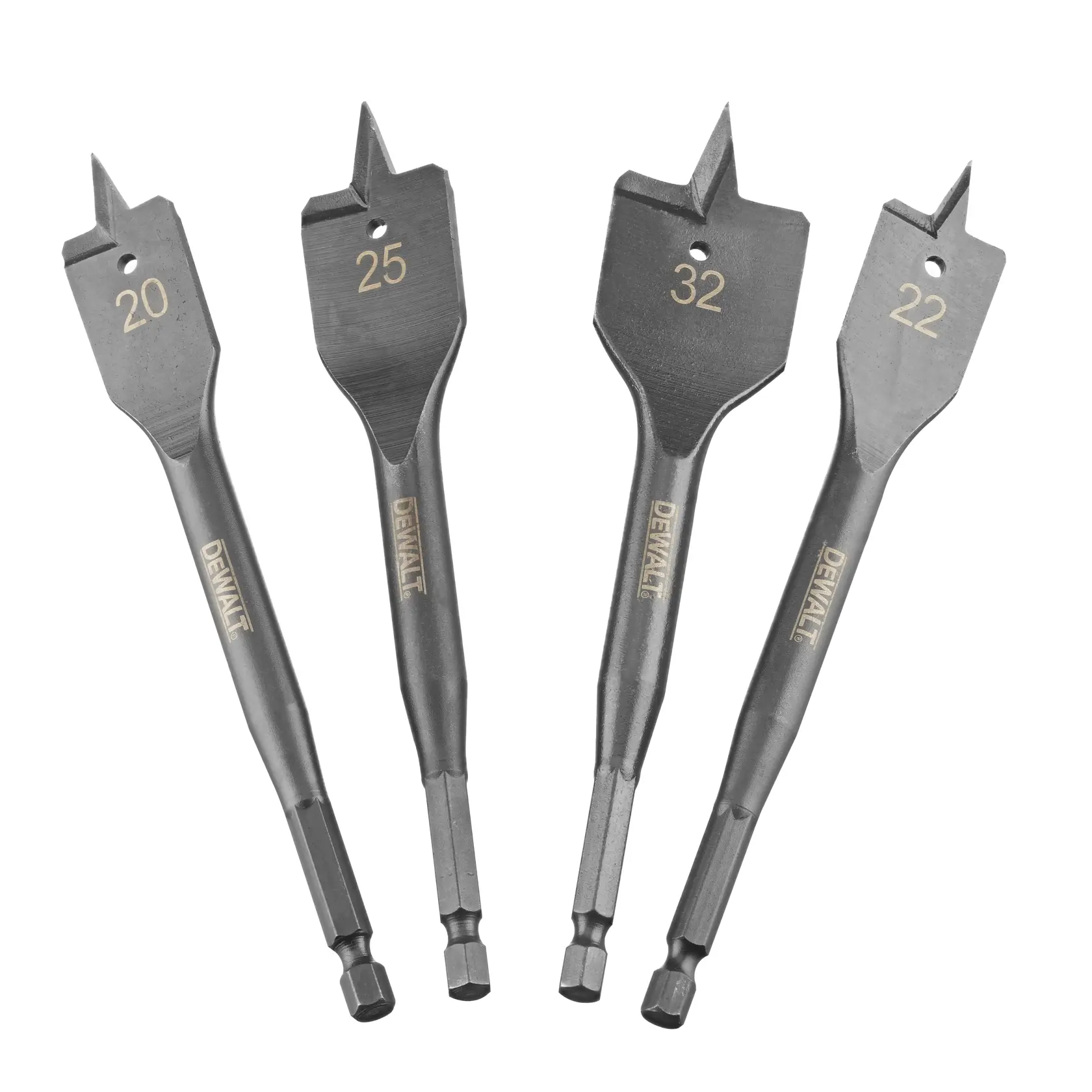 DEWALT flat drill bits set, sizes 20-32mm. Photography SKU: DT4797-QZ, DT4797.