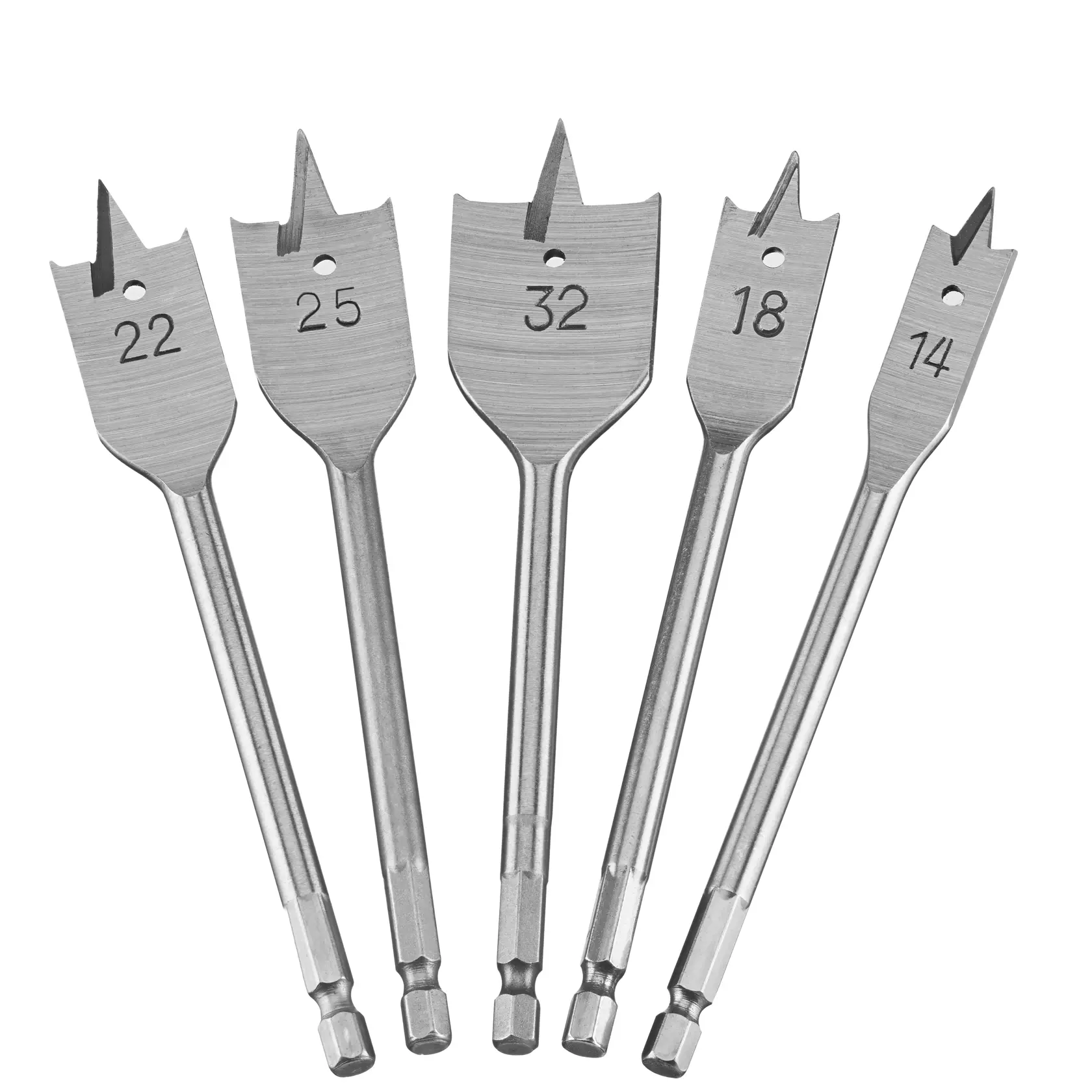 Five DEWALT flat wood drill bits of different sizes, arranged side by side on a white background.