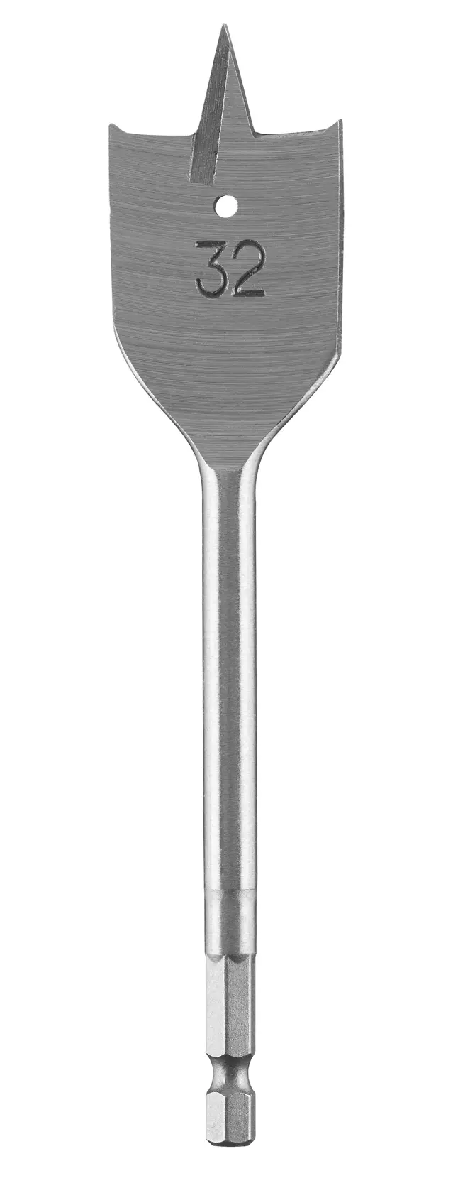 DEWALT flat wood drill bit, 32mm size, silver, hex shank, used for boring holes in wood.