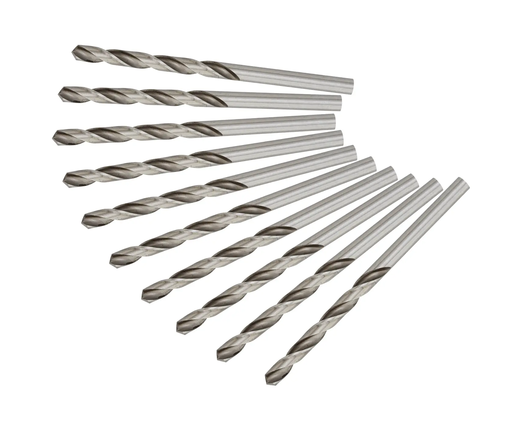 A set of ten silver metal drill bits arranged in a fan pattern on a white background.