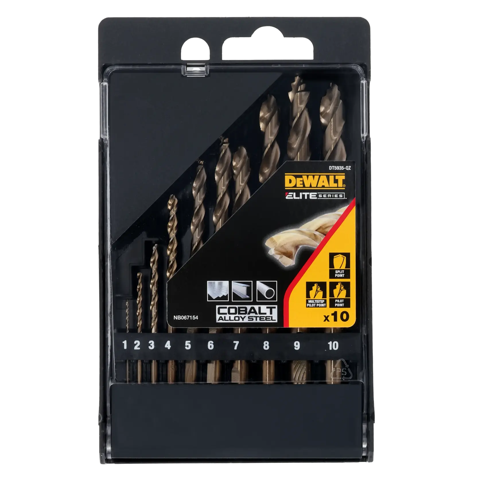 DEWALT DT5935 Elite Series drill bit set with 10 cobalt alloy steel bits in a black plastic case.