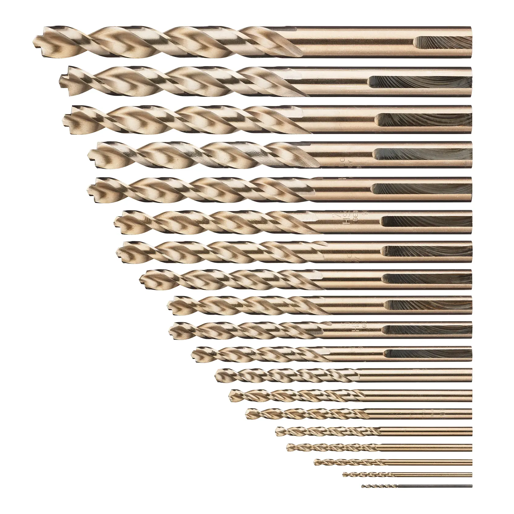 A set of metal twist drill bits arranged in descending order of size. The bits are golden in color, and used for drilling holes in various materials.