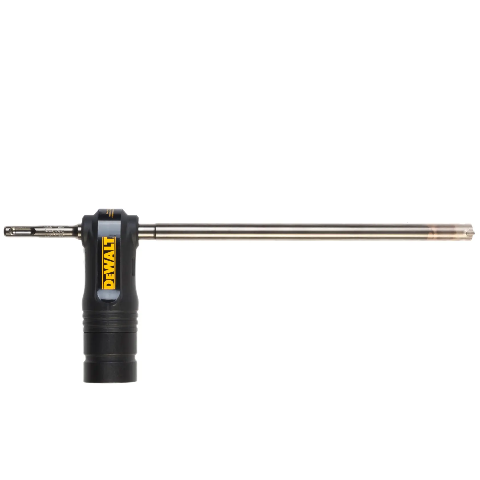 DEWALT DT60342 broca larga de metal con accesorio negro, mostrada horizontalmente sobre fondo blanco.