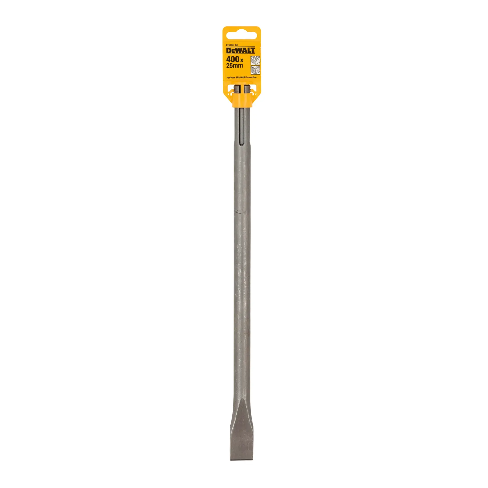 DEWALT flat chisel, 400mm x 25mm, with yellow label, for use in construction and demolition.