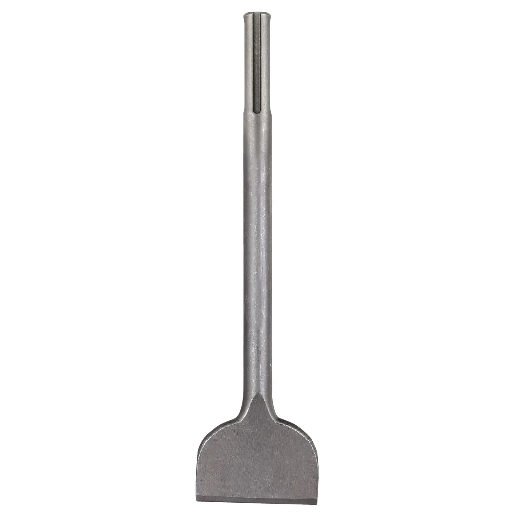Metal DEWALT chisel with SDS shank for demolition, featuring a flat blade and cylindrical shaft.